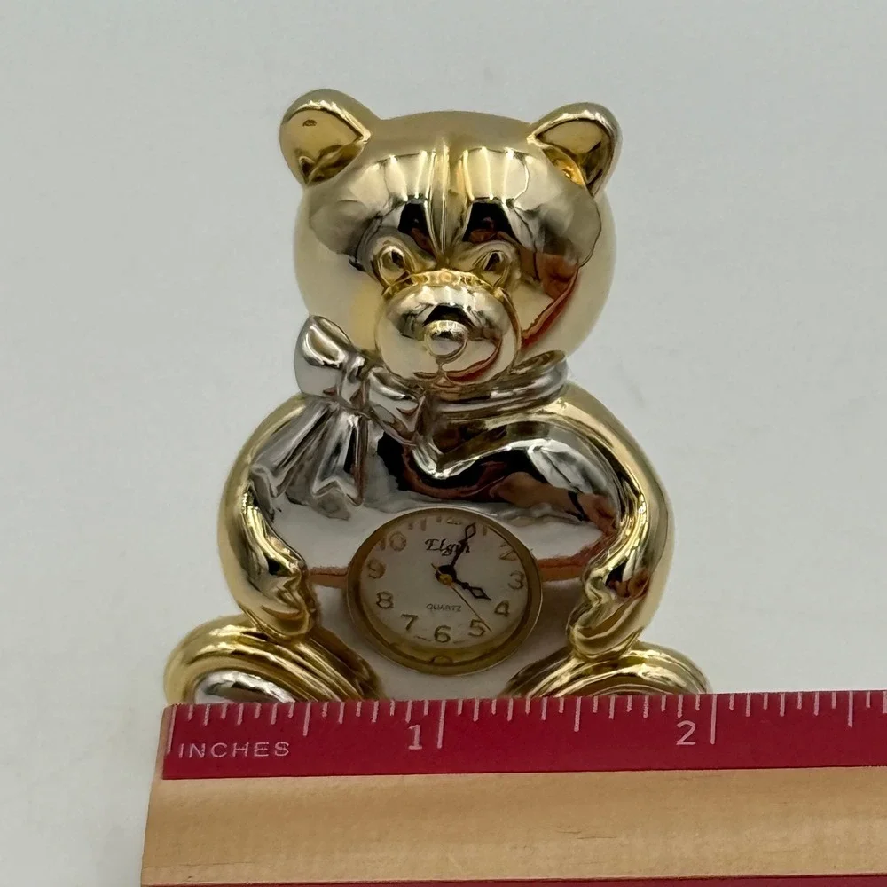 Elgin Teddy Bear Desk Clock Gold Silver Tone Heart Quartz Miniature Figurine